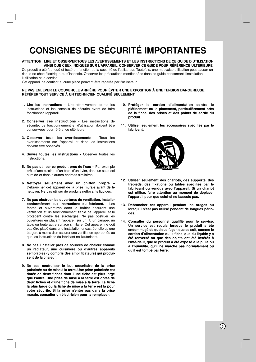 LG Electronics LDA-730 owner manual Consignes DE Sécurité Importantes 