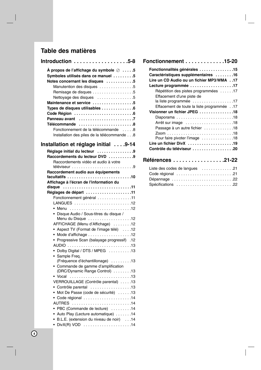 LG Electronics LDA-730 owner manual Table des matières, Installation et réglage initial, Fonctionnement, Références 