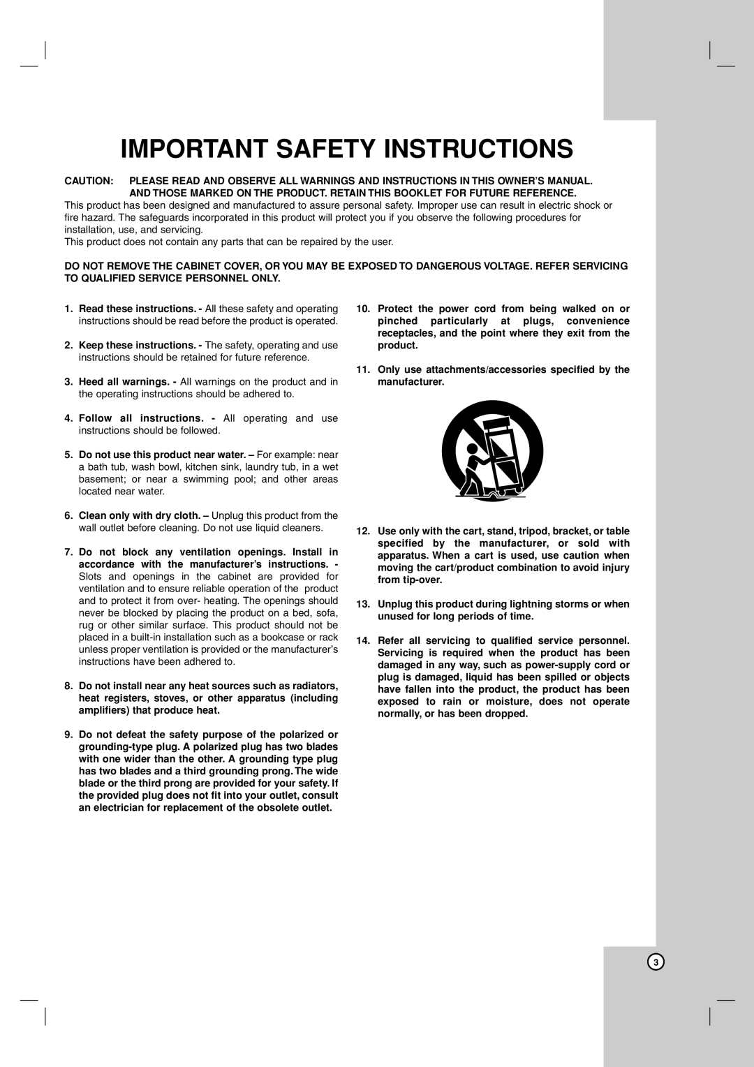 LG Electronics LDA-730 owner manual Important Safety Instructions 