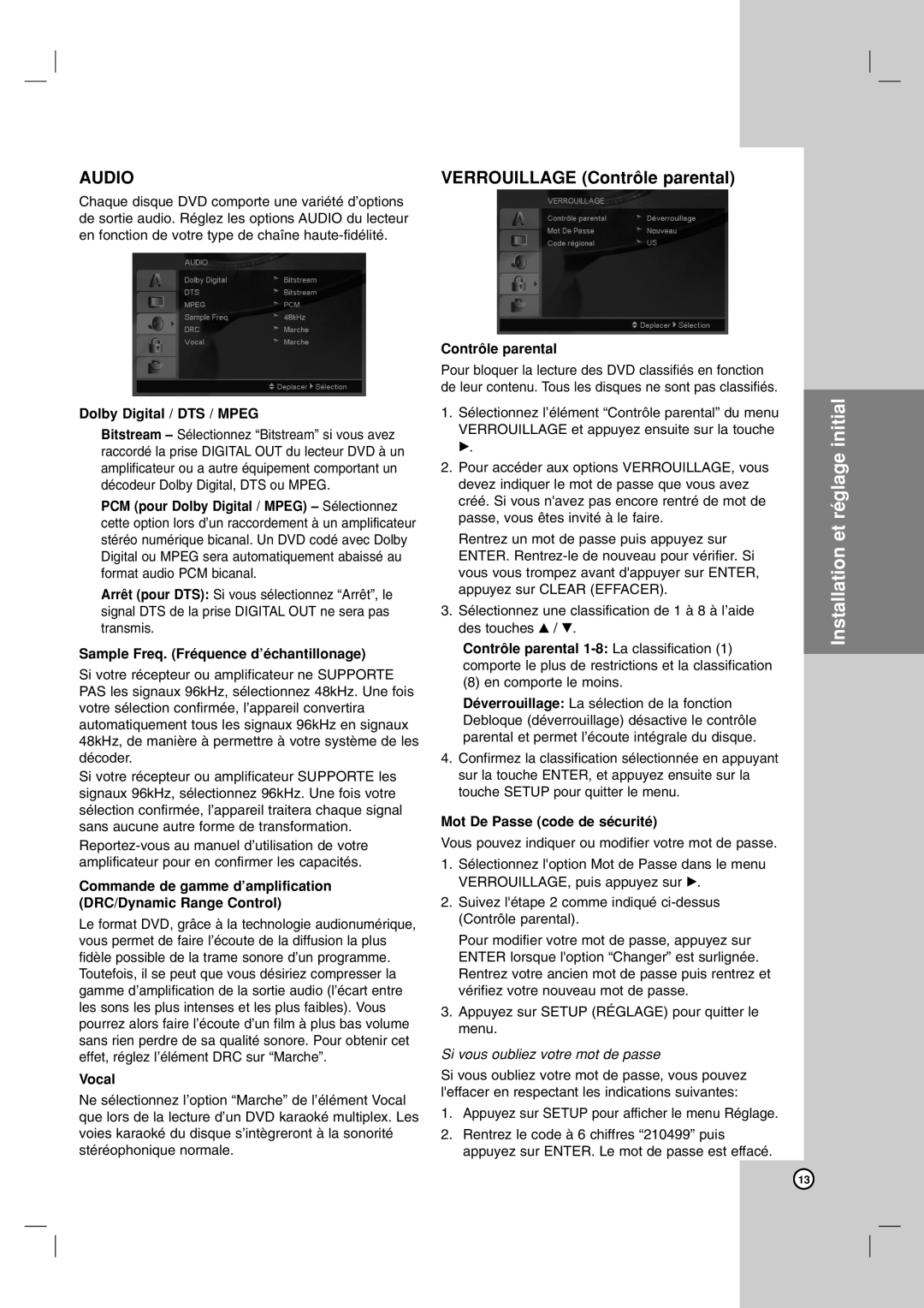 LG Electronics LDA-730 Sample Freq. Fréquence d’échantillonage, Contrôle parental, Mot De Passe code de sécurité 