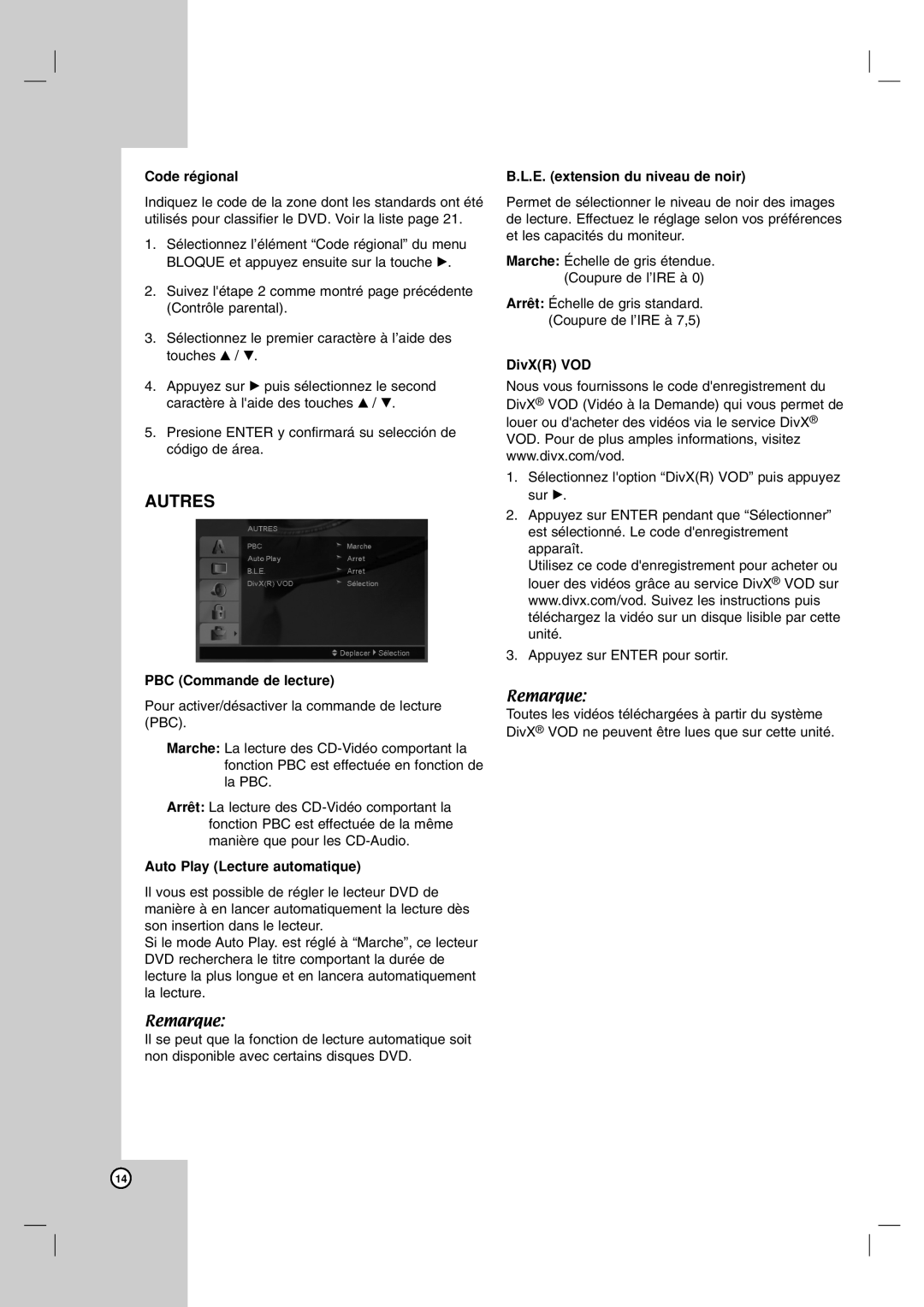 LG Electronics LDA-730 owner manual Code régional, PBC Commande de lecture, Auto Play Lecture automatique 