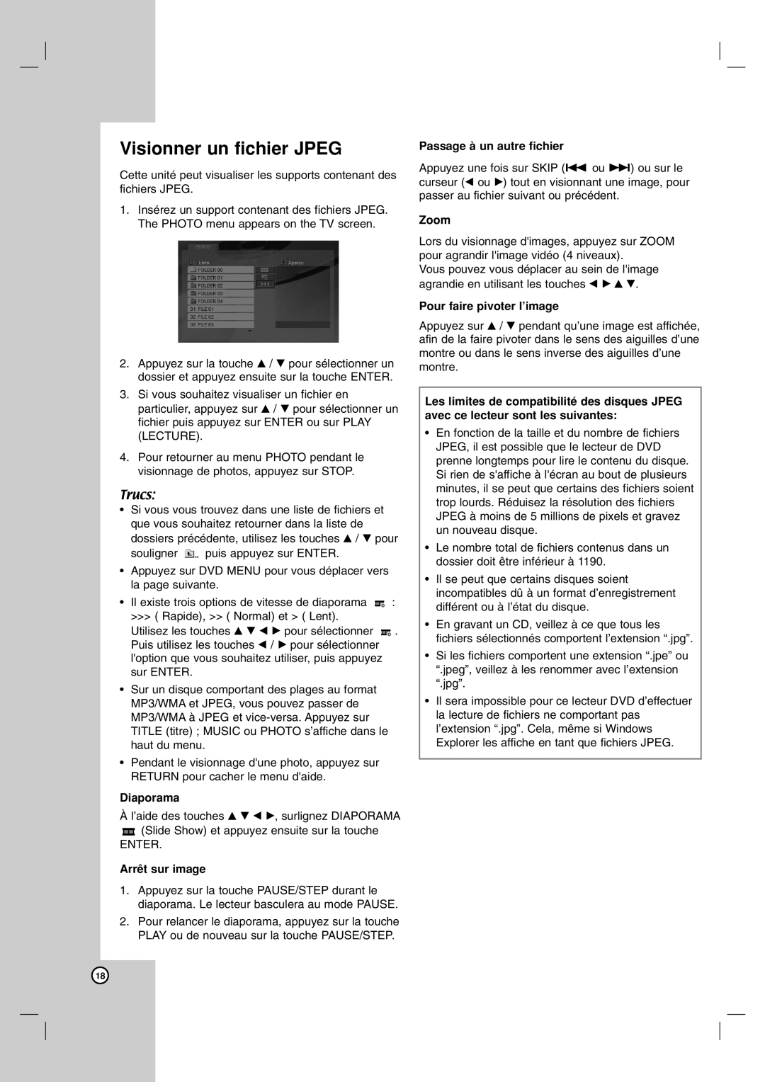 LG Electronics LDA-730 owner manual Visionner un fichier Jpeg, Diaporama, Arrêt sur image, Passage à un autre fichier 