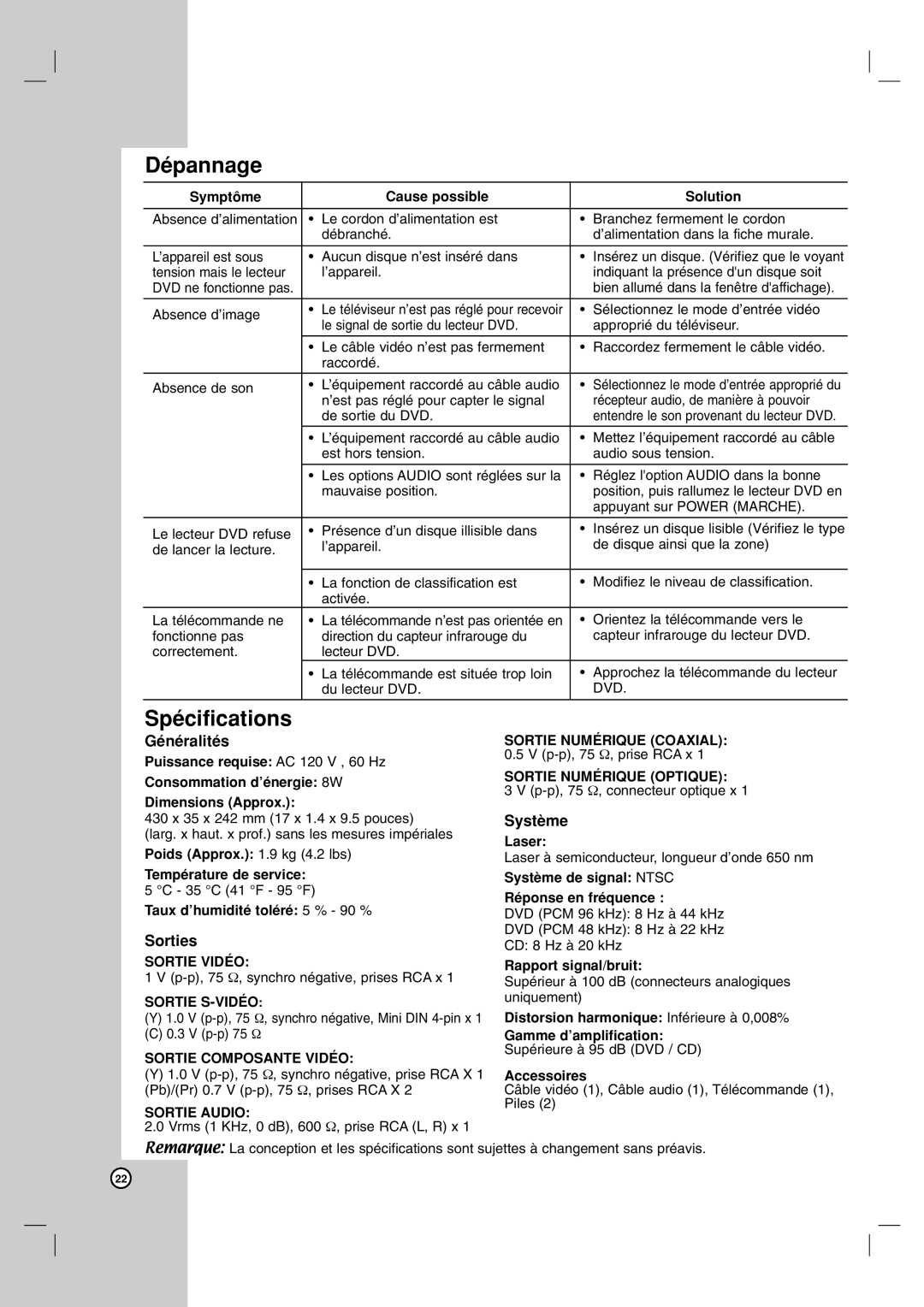 LG Electronics LDA-730 owner manual Dépannage, Spécifications, Généralités, Sorties, Système 