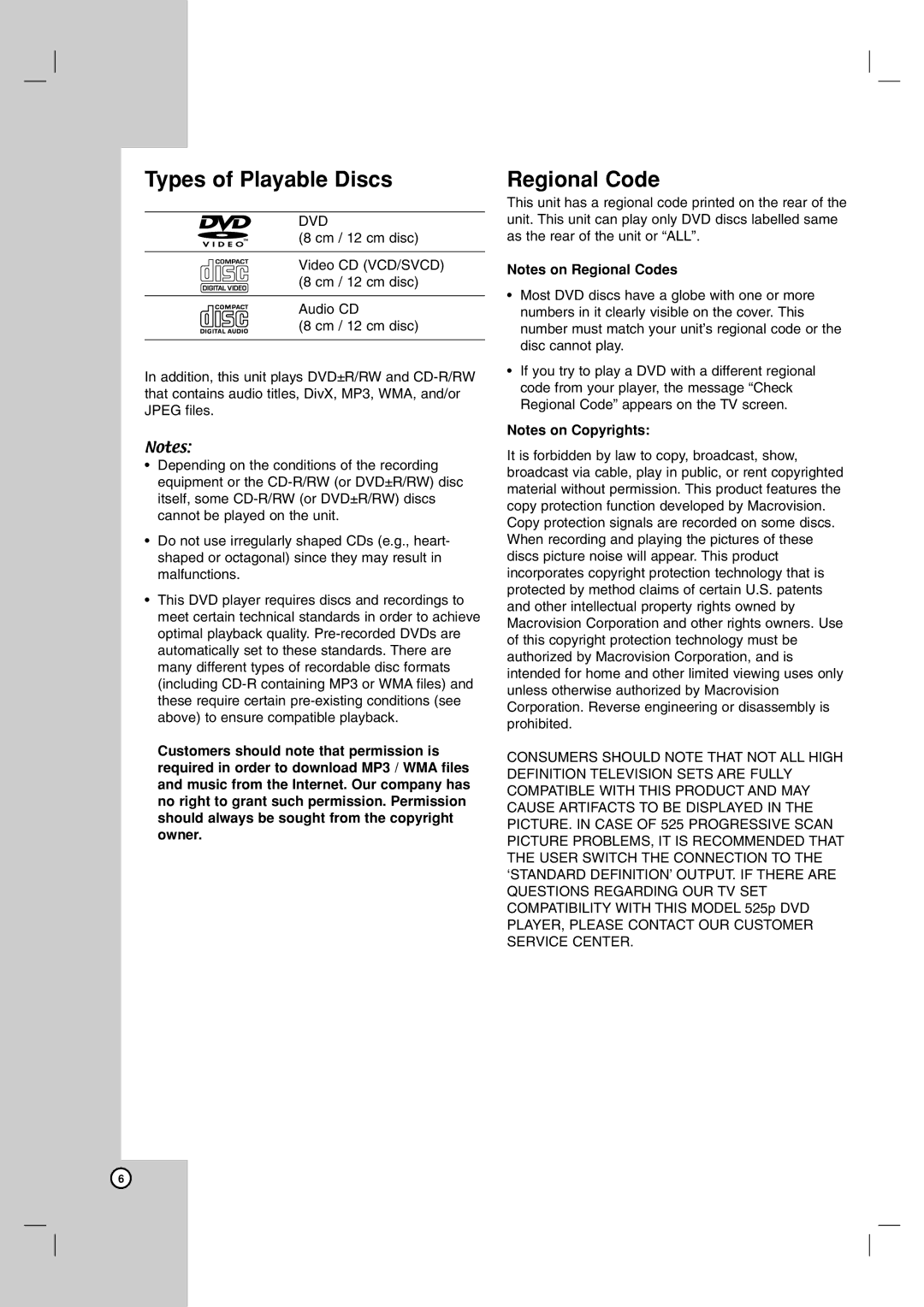 LG Electronics LDA-730 owner manual Types of Playable Discs, Regional Code 