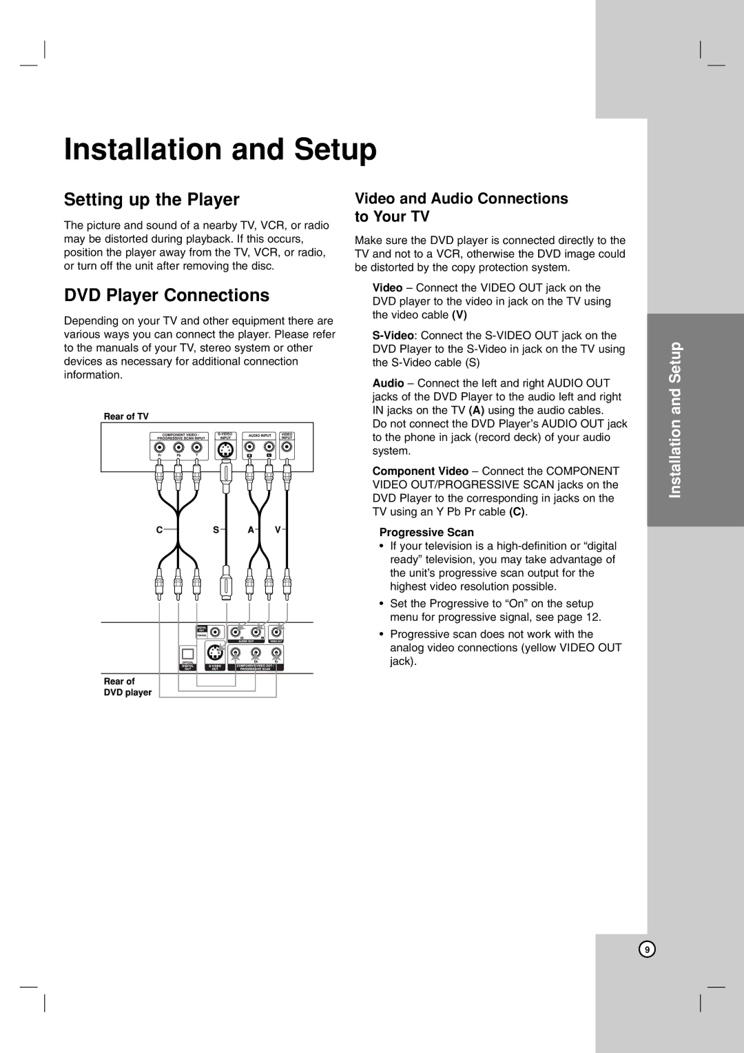 LG Electronics LDA-730 owner manual Installation and Setup, Setting up the Player, DVD Player Connections, Progressive Scan 