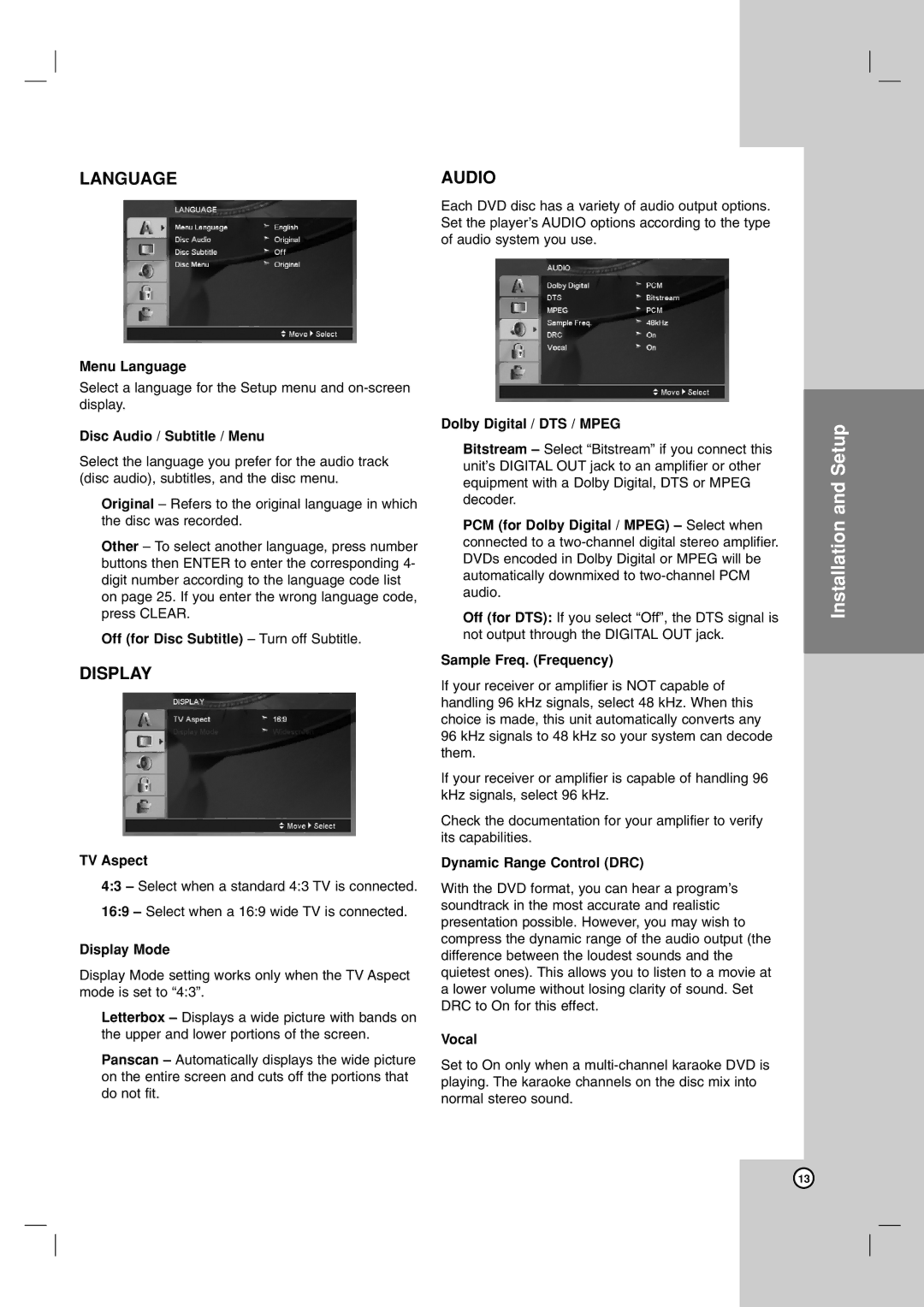 LG Electronics LDA-731 Menu Language, Disc Audio / Subtitle / Menu, Off for Disc Subtitle Turn off Subtitle, TV Aspect 