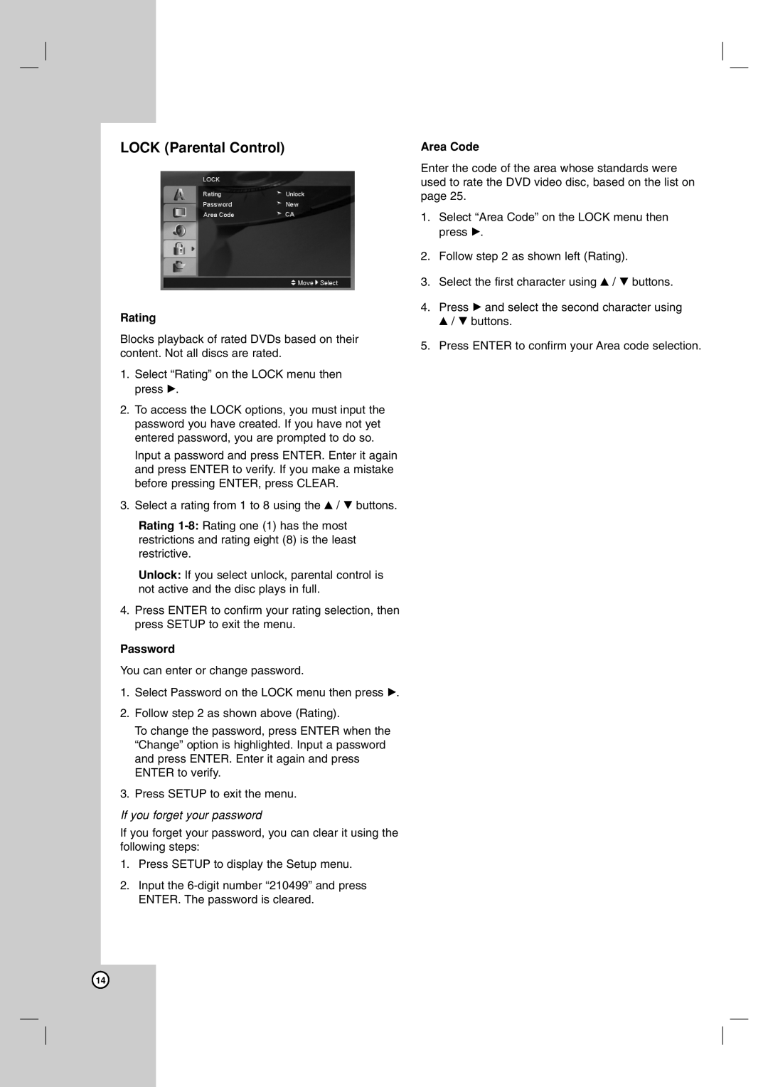 LG Electronics LDA-731 owner manual Lock Parental Control, Rating, Password, Area Code 