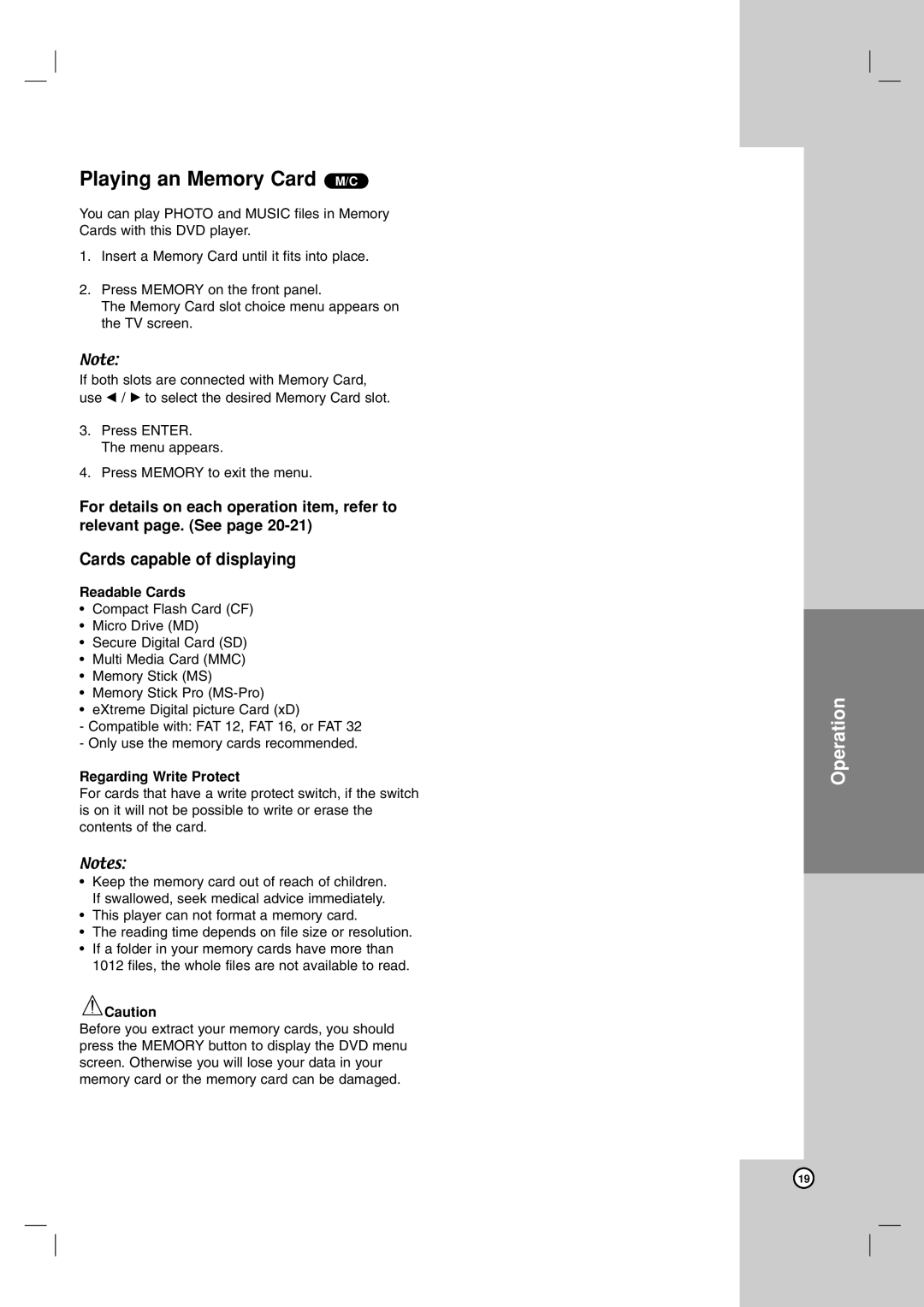 LG Electronics LDA-731 owner manual Cards capable of displaying, Readable Cards, Regarding Write Protect 