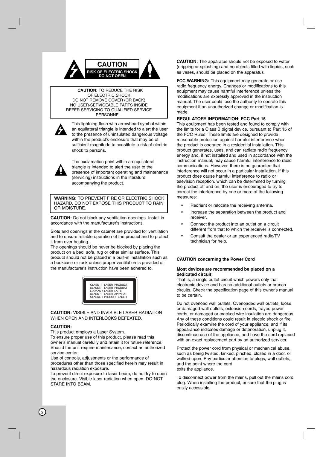 LG Electronics LDA-731 owner manual Regulatory Information FCC Part 