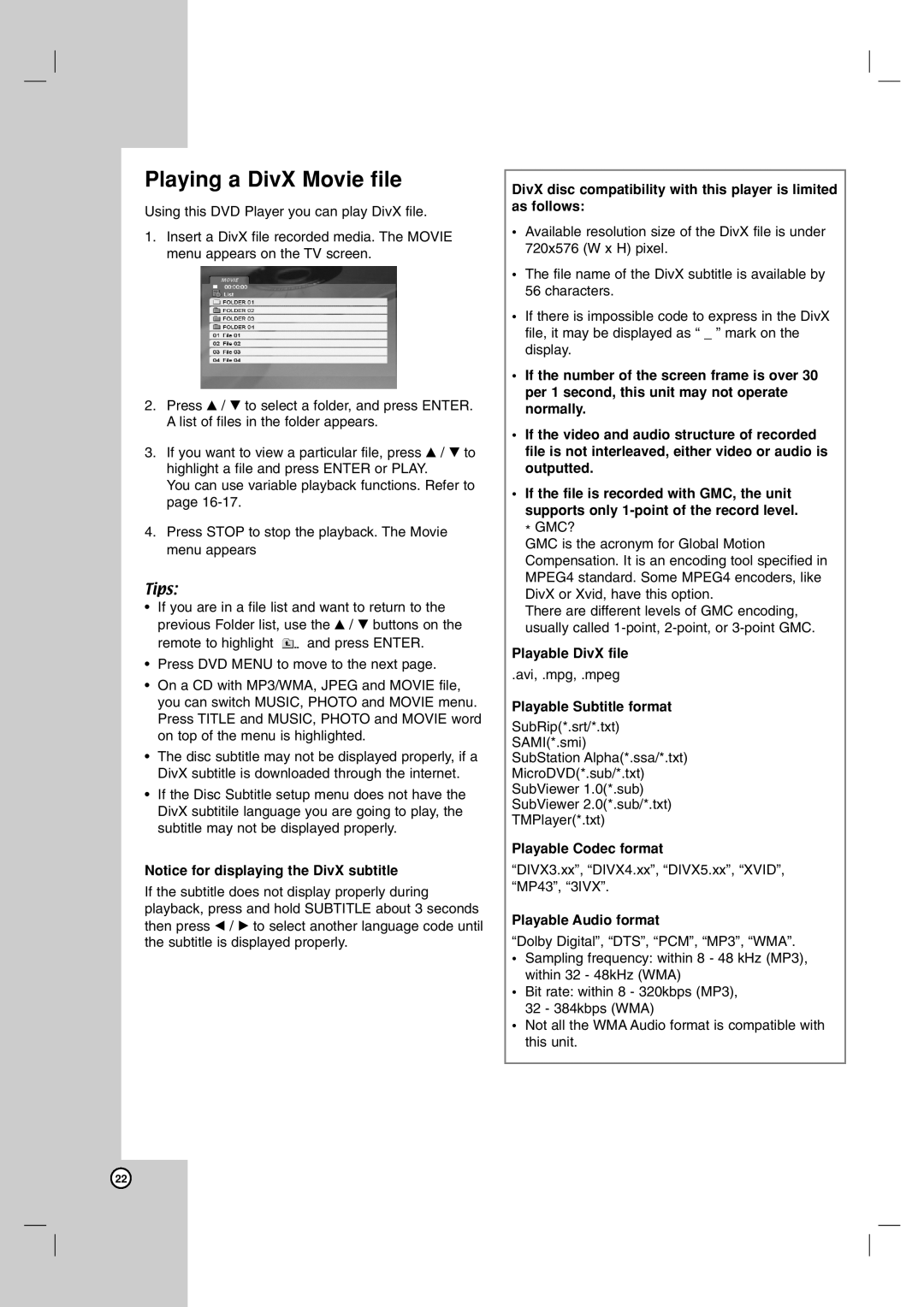 LG Electronics LDA-731 Playing a DivX Movie file, Playable DivX file, Playable Subtitle format, Playable Codec format 