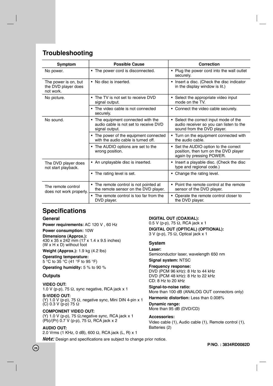 LG Electronics LDA-731 owner manual Troubleshooting, Specifications, General, Outputs, System 