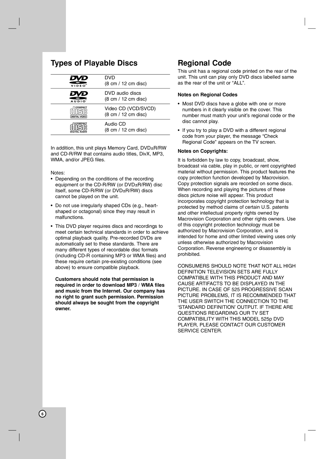 LG Electronics LDA-731 owner manual Types of Playable Discs, Regional Code 