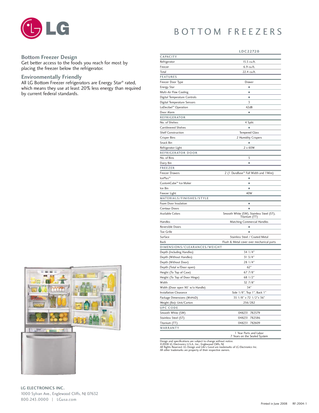 LG Electronics LDC22720 manual Bottom Freezer Design, Environmentally Friendly 