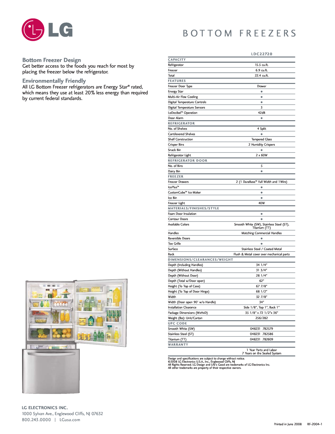 LG Electronics LDC22720 Bottom Freezer Design, Environmentally Friendly, B O T T O M F R E E Z E R S, Lg Electronics Inc 