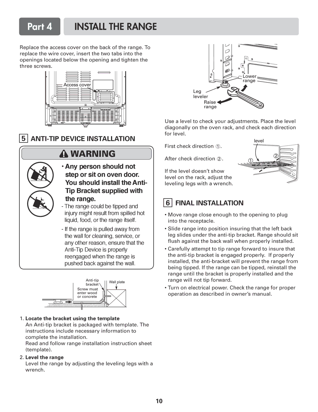 LG Electronics LDE3017ST Part 4 Install the Range, ANTI-TIP Device Installation, Final Installation, Level the range 