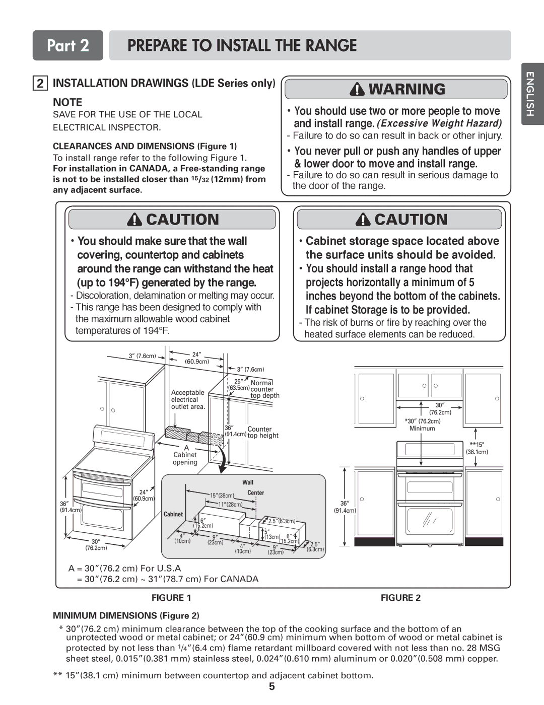 LG Electronics LDE3017SW Part 2 Prepare to Install the Range, Clearances and Dimensions Figure, Minimum Dimensions Figure 