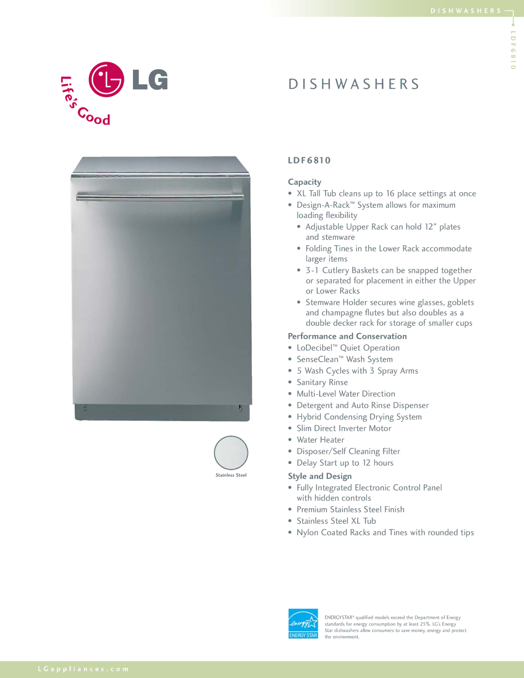 LG Electronics LDF6810 manual Capacity, Performance and Conservation, Style and Design 