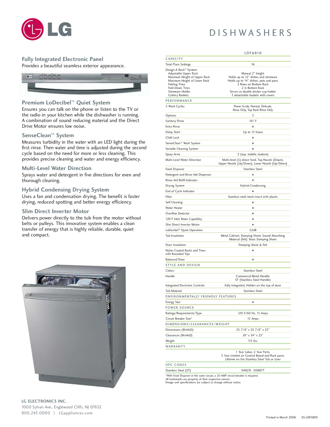 LG Electronics LDF6810 manual Fully Integrated Electronic Panel, Premium LoDecibel Quiet System, SenseClean System 