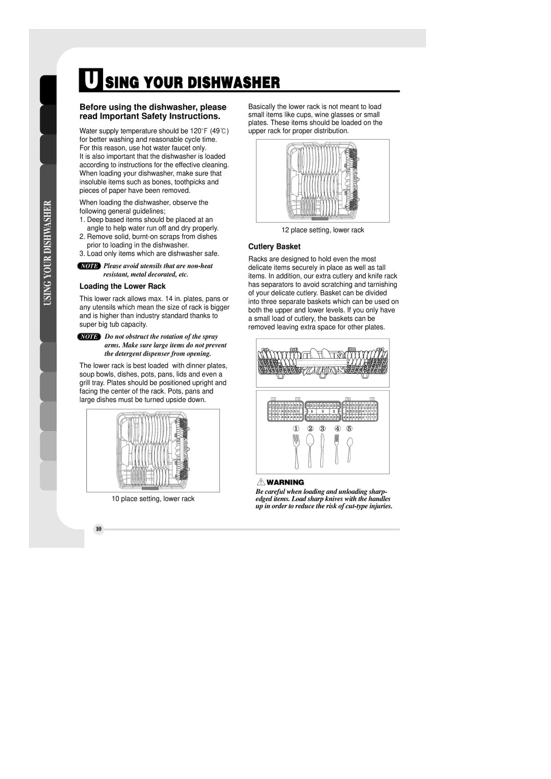 LG Electronics LDF6810ST manual Sing Your Dishwasher, Loading the Lower Rack, Cutlery Basket 