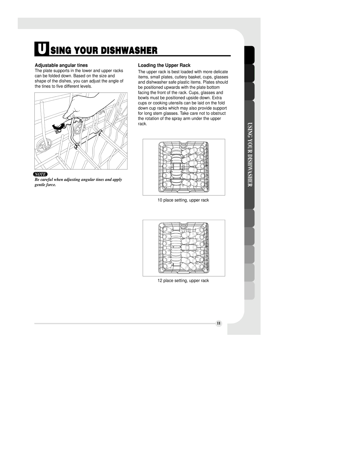 LG Electronics LDF6810ST manual Adjustable angular tines, Loading the Upper Rack 