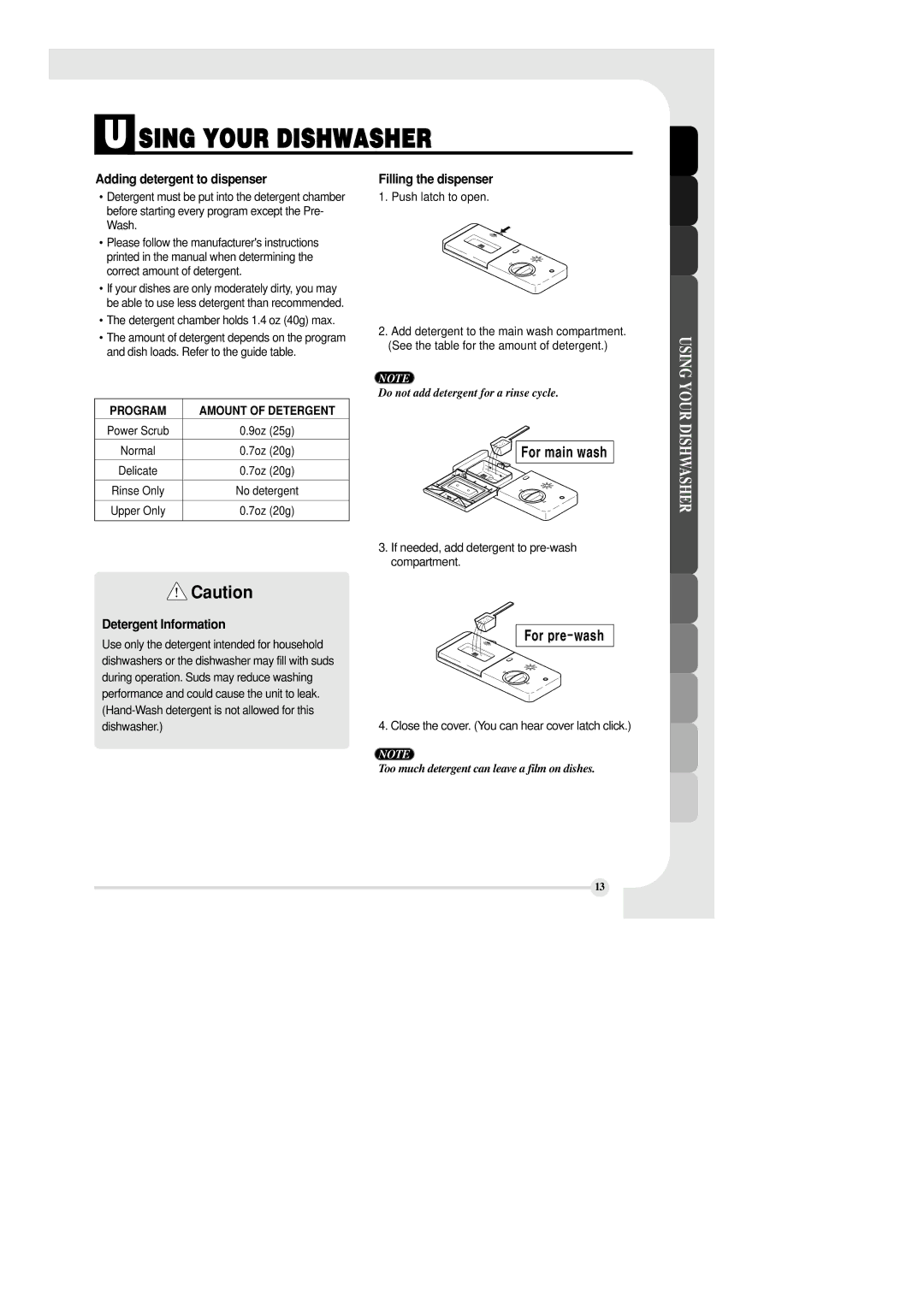 LG Electronics LDF6810ST manual Adding detergent to dispenser, Filling the dispenser, Detergent Information 