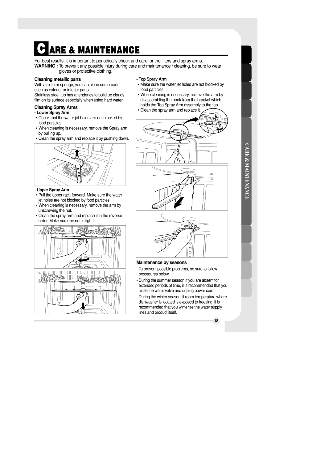 LG Electronics LDF6810ST manual Are & Maintenance, Cleaning metallic parts, Cleaning Spray Arms, Maintenance by seasons 