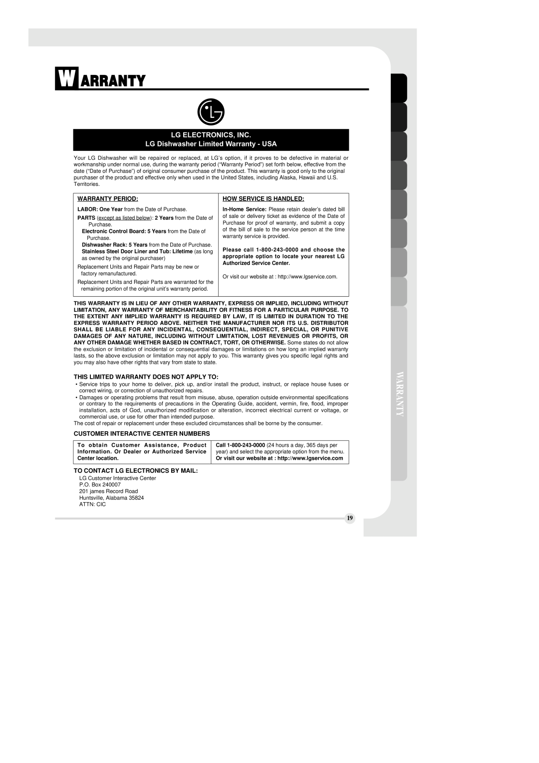LG Electronics LDF6810ST manual W Arranty, Lg Electronics, Inc, LG Dishwasher Limited Warranty - USA, Warranty Period 