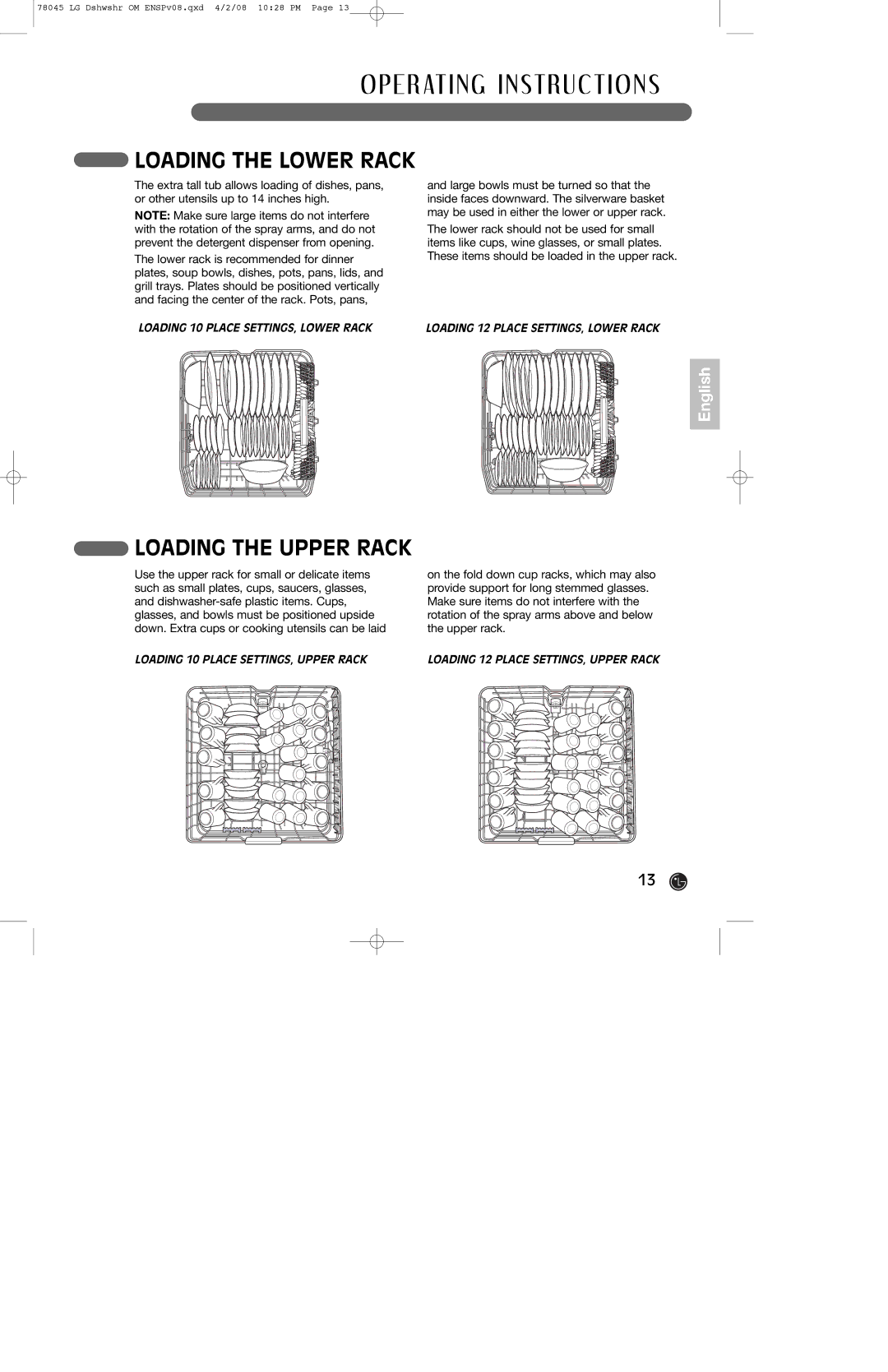 LG Electronics LDF6920BB, LDF6920WW, LDF6920ST owner manual Loading the Lower Rack, Loading the Upper Rack 