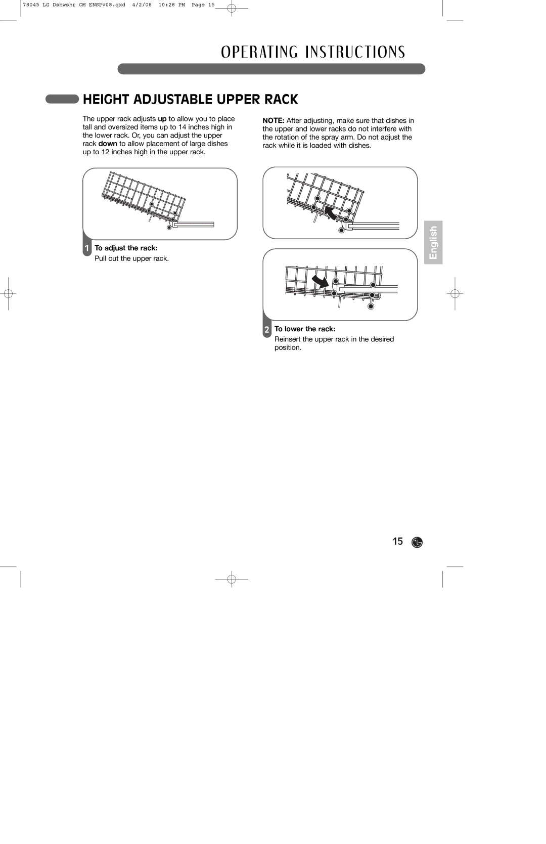 LG Electronics LDF6920WW, LDF6920BB, LDF6920ST owner manual Height Adjustable Upper Rack 