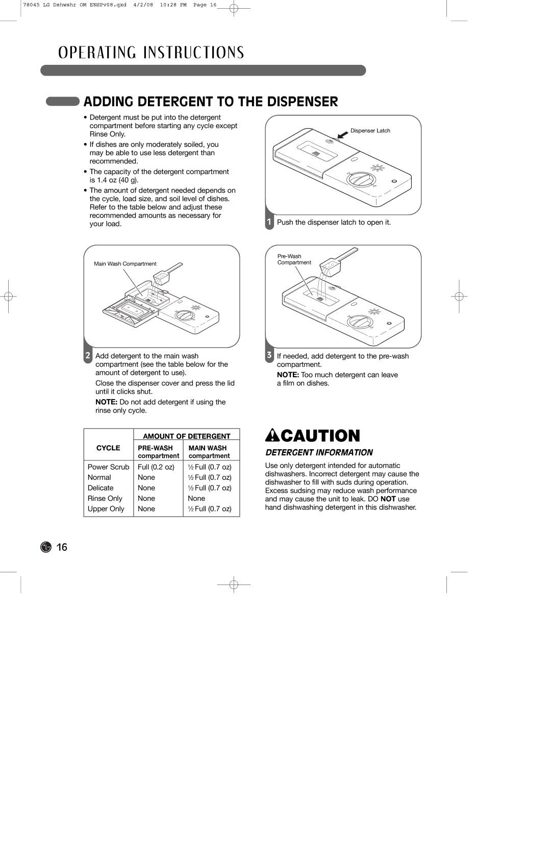 LG Electronics LDF6920BB, LDF6920WW, LDF6920ST Adding Detergent to the Dispenser, Detergent Information, Compartment 