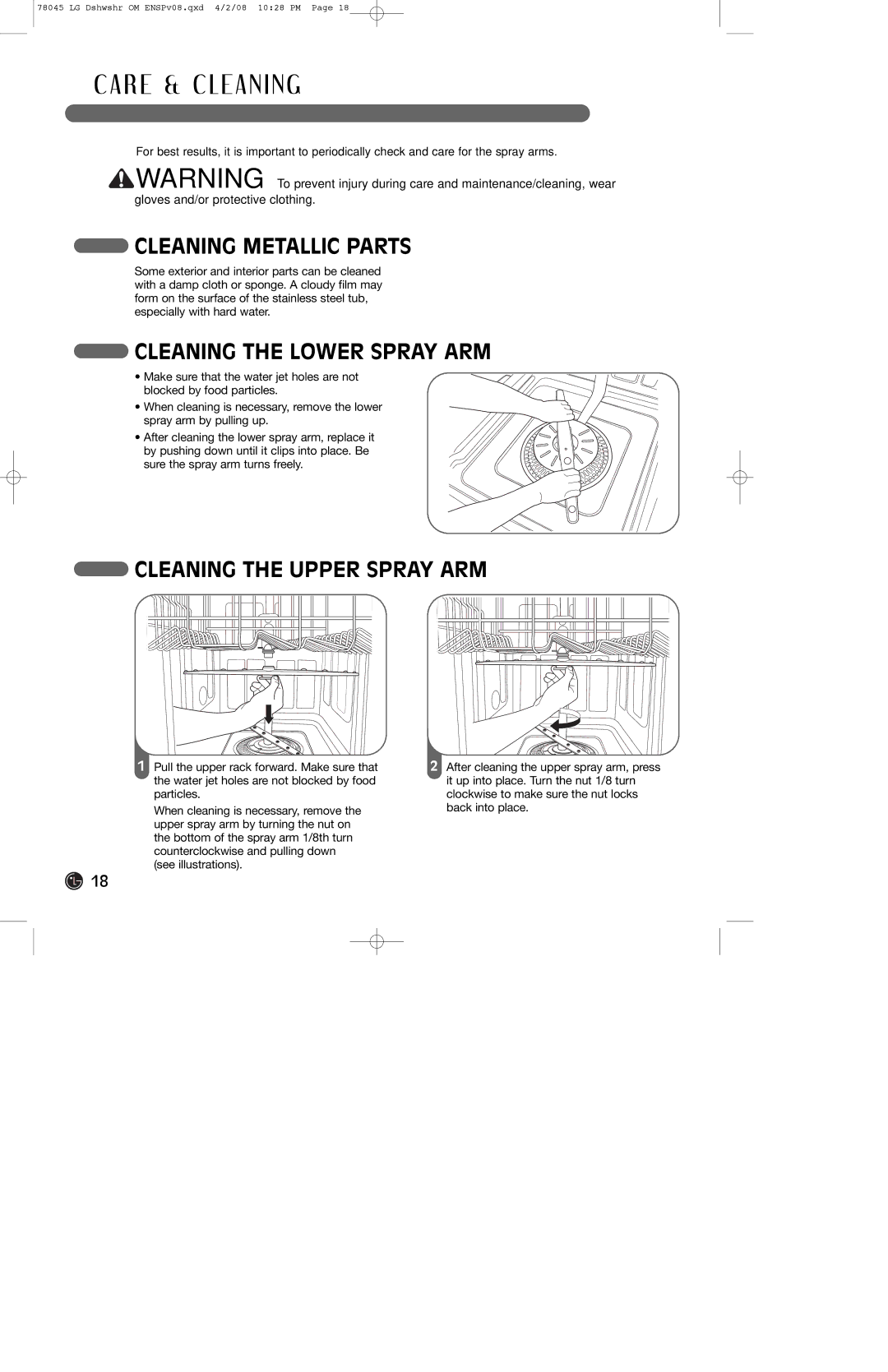 LG Electronics LDF6920WW, LDF6920BB Cleaning Metallic Parts, Cleaning the Lower Spray ARM, Cleaning the Upper Spray ARM 