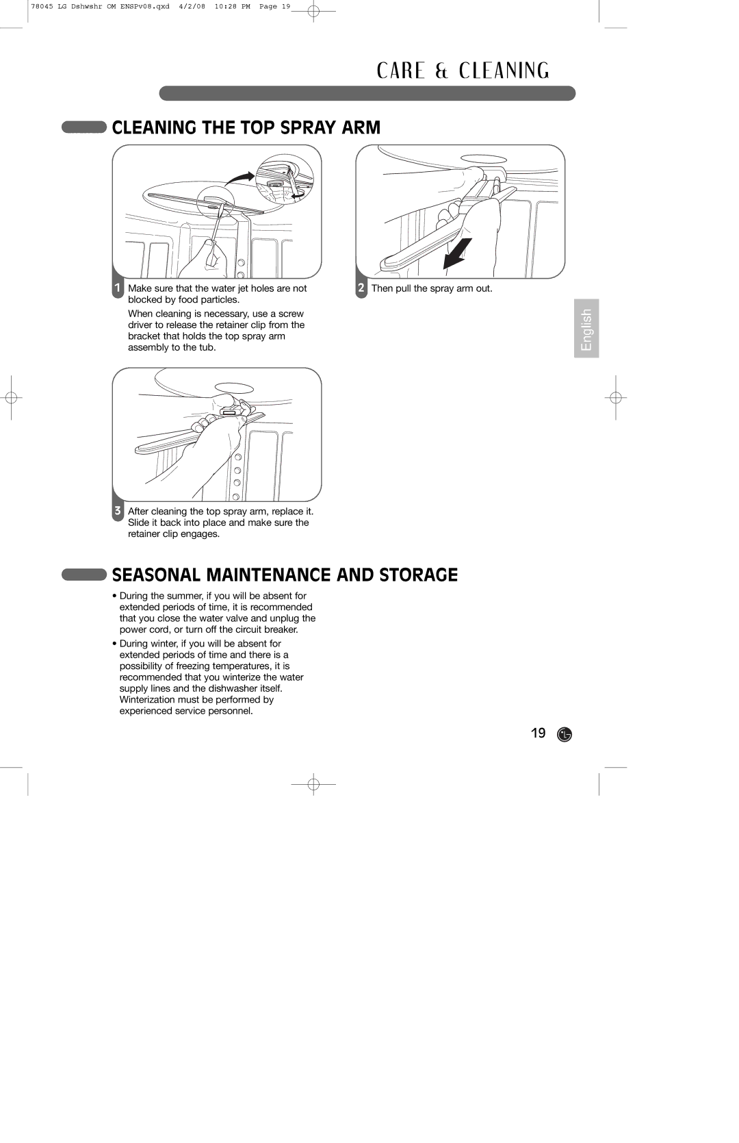 LG Electronics LDF6920BB, LDF6920WW, LDF6920ST owner manual Cleaning the TOP Spray ARM, Seasonal Maintenance and Storage 