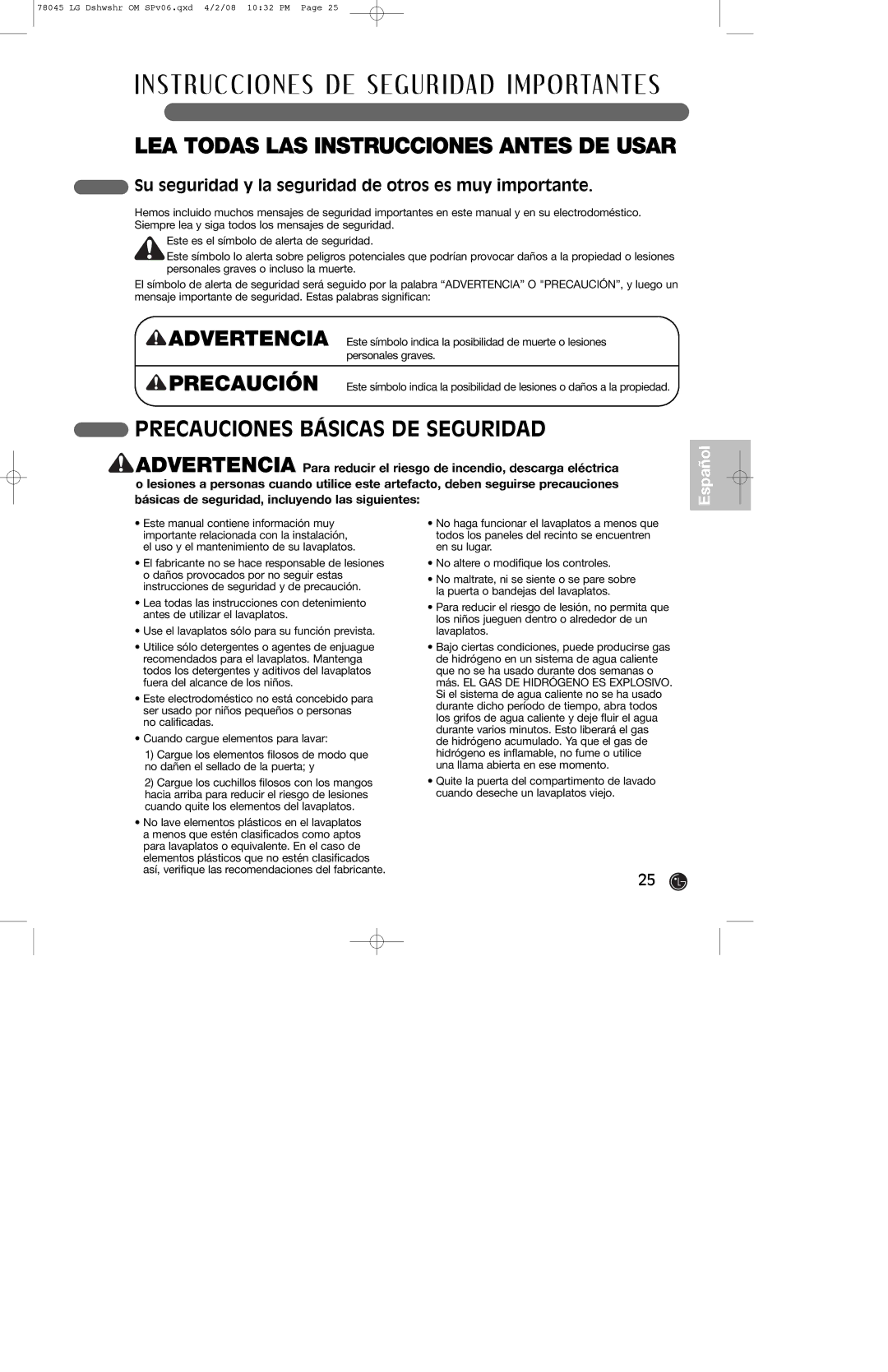 LG Electronics LDF6920BB, LDF6920WW, LDF6920ST LEA Todas LAS Instrucciones Antes DE Usar, Precauciones Básicas DE Seguridad 