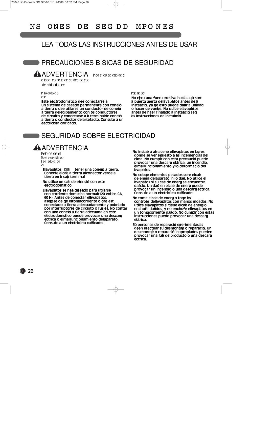 LG Electronics LDF6920ST Seguridad Sobre Electricidad Advertencia, Para un lavaplatos conectado en forma permanente 