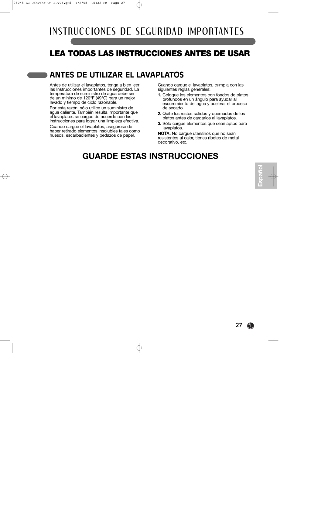 LG Electronics LDF6920WW, LDF6920BB, LDF6920ST owner manual Antes DE Utilizar EL Lavaplatos 