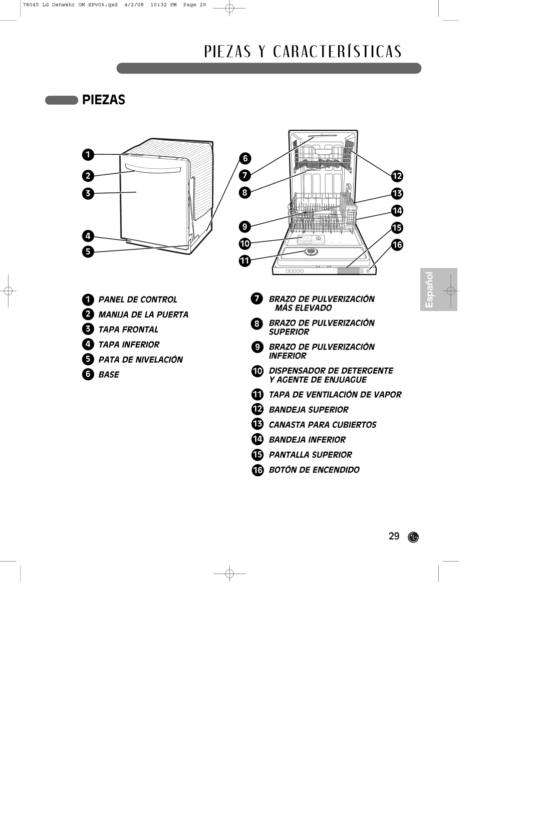 LG Electronics LDF6920ST, LDF6920WW, LDF6920BB owner manual Piezas 