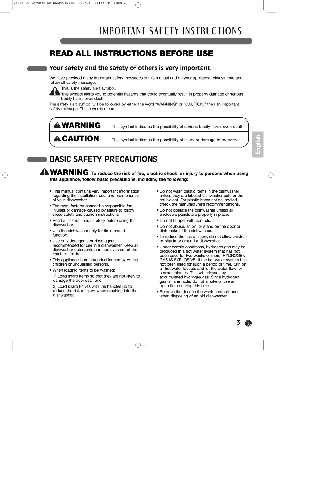 LG Electronics LDF6920WW, LDF6920BB, LDF6920ST P O RTA N T S a F E T Y I N S T R U C T I O N S, Basic Safety Precautions 