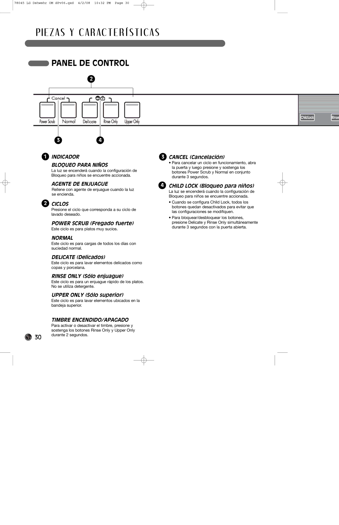 LG Electronics LDF6920WW, LDF6920BB, LDF6920ST Panel DE Control, Indicador Bloqueo Para Niños, Agente DE Enjuague, Ciclos 