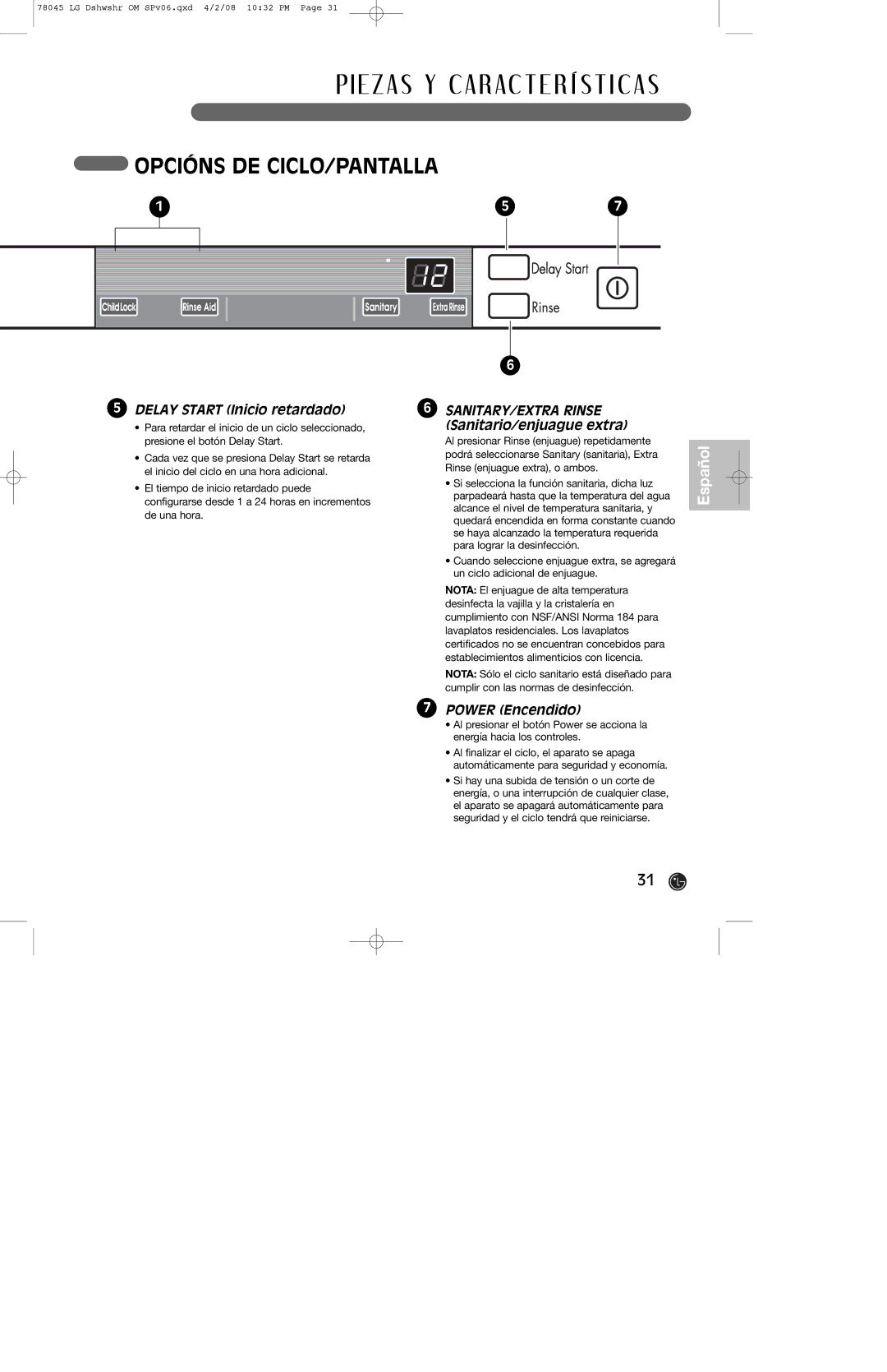 LG Electronics LDF6920BB, LDF6920WW, LDF6920ST owner manual Opcións DE CICLO/PANTALLA, Delay Start Inicio retardado 