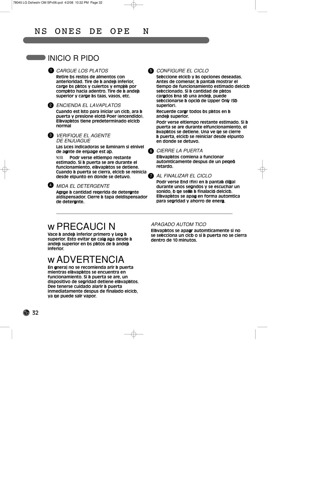 LG Electronics LDF6920ST, LDF6920WW, LDF6920BB owner manual S T RU C C I O N E S D E O P E R Ación, Inicio Rápido 