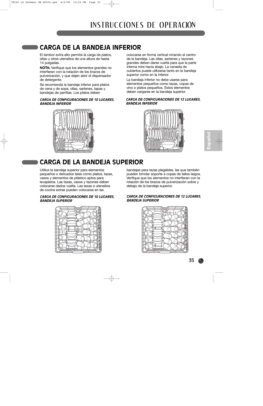 LG Electronics LDF6920ST, LDF6920WW, LDF6920BB owner manual Carga DE LA Bandeja Inferior, Carga DE LA Bandeja Superior 