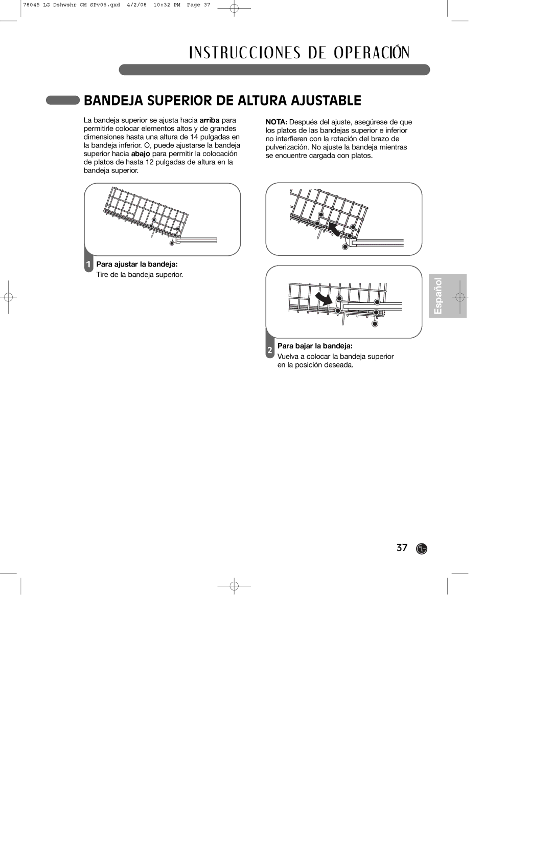 LG Electronics LDF6920BB, LDF6920WW, LDF6920ST owner manual Bandeja Superior DE Altura Ajustable, Para ajustar la bandeja 