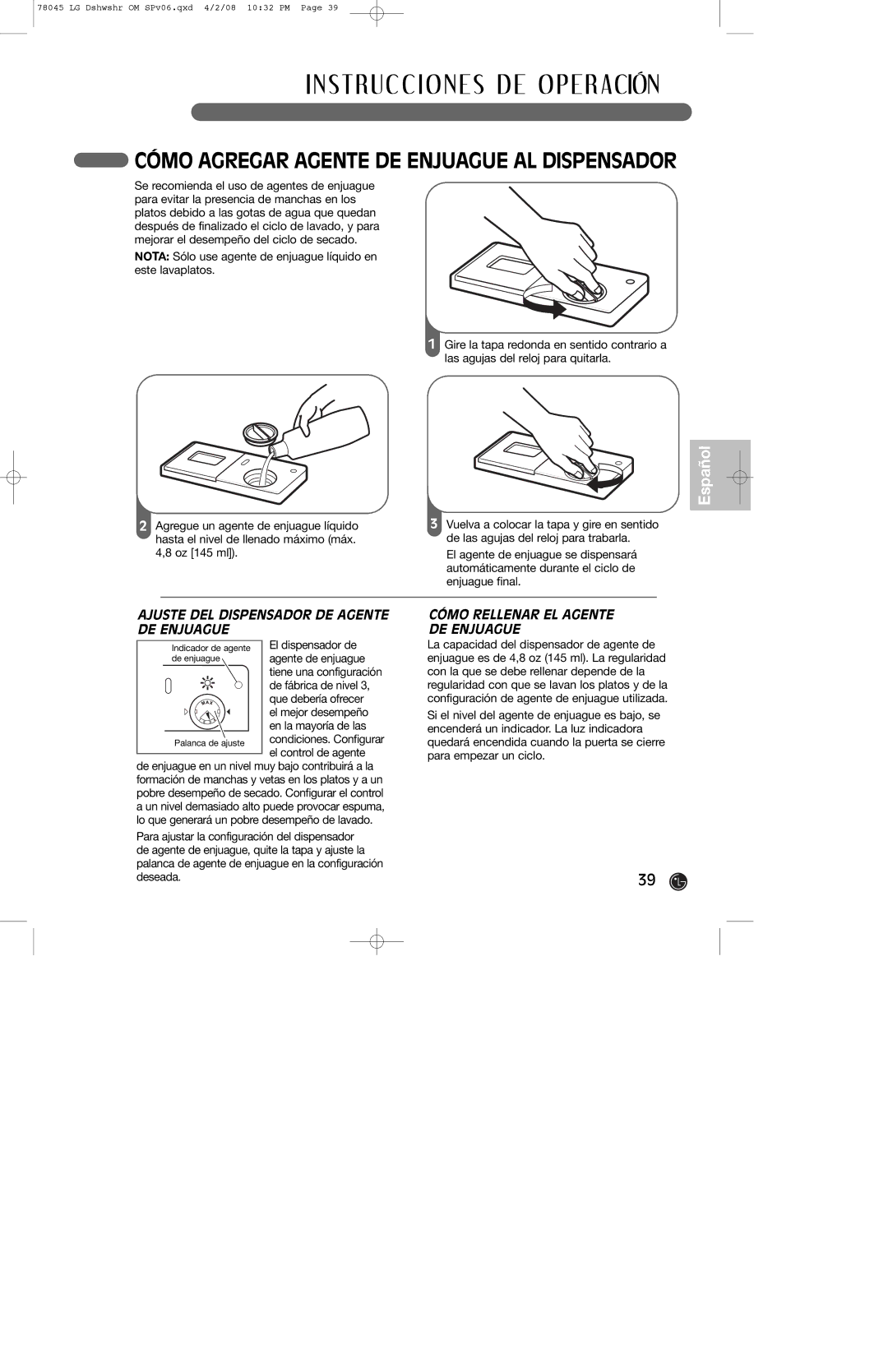 LG Electronics LDF6920WW Cómo Agregar Agente DE Enjuague AL Dispensador, Ajuste DEL Dispensador DE Agente DE Enjuague 