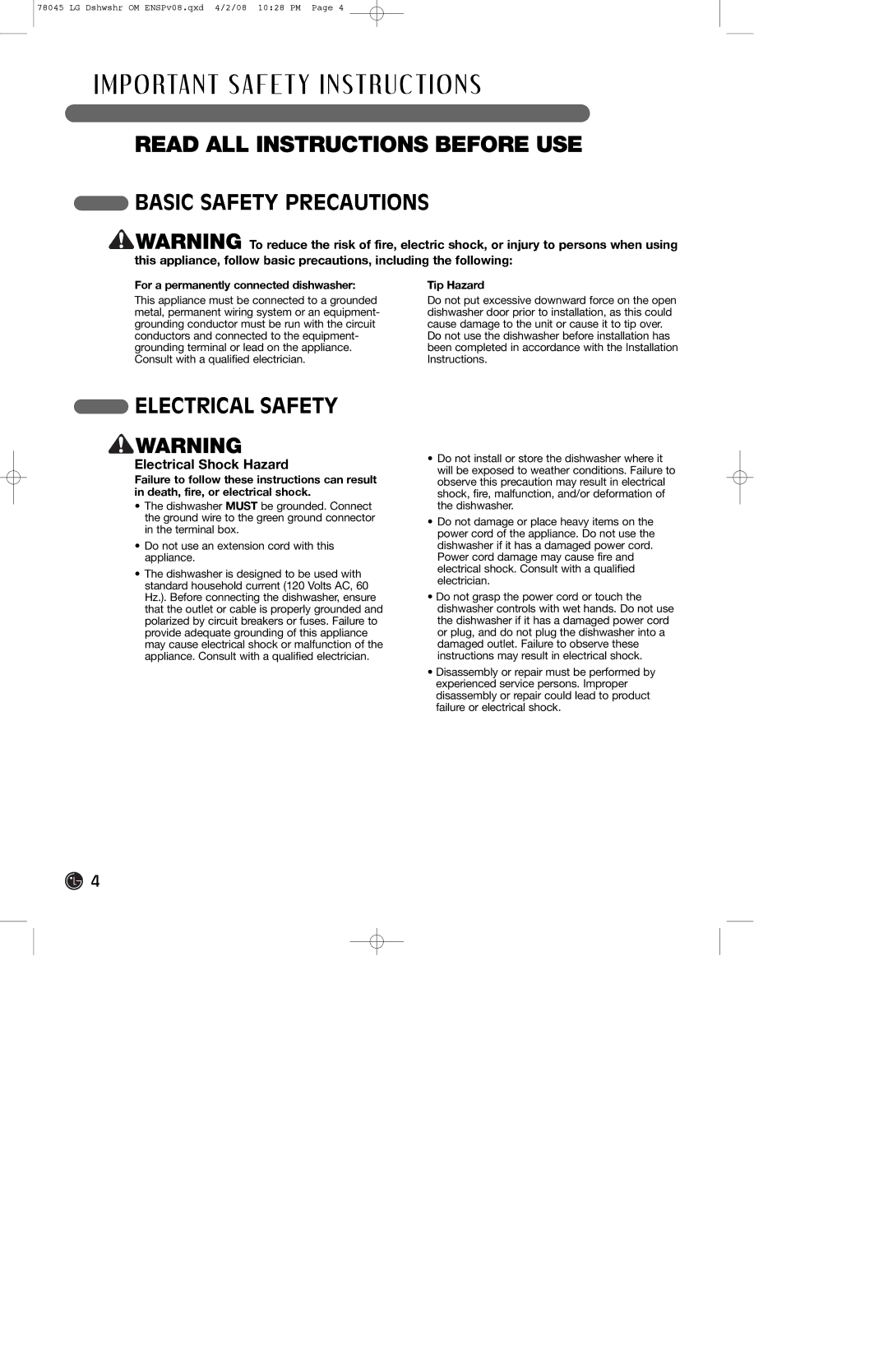 LG Electronics LDF6920BB, LDF6920WW P O RTA N T S a F E T Y I N S T R U C T I O N S, Electrical Safety, Tip Hazard 