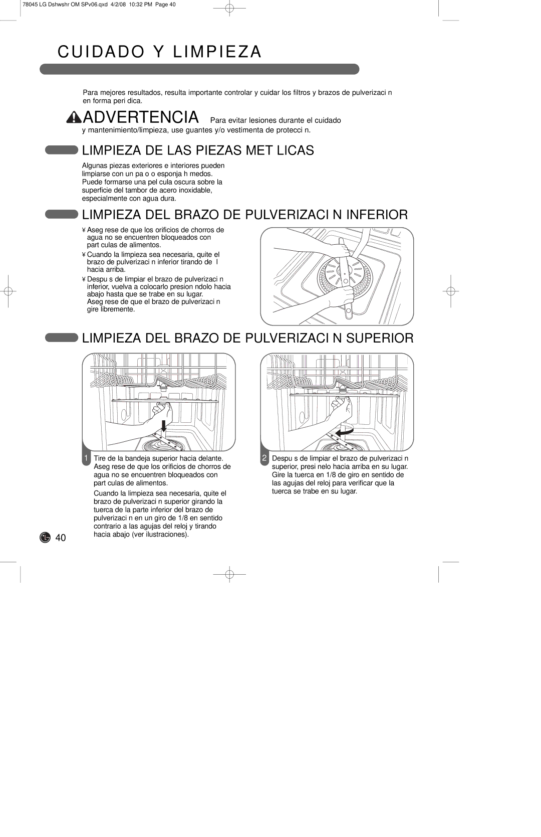 LG Electronics LDF6920BB, LDF6920WW, LDF6920ST owner manual I DA D O Y L I M P I E Z a, Limpieza DE LAS Piezas Metálicas 