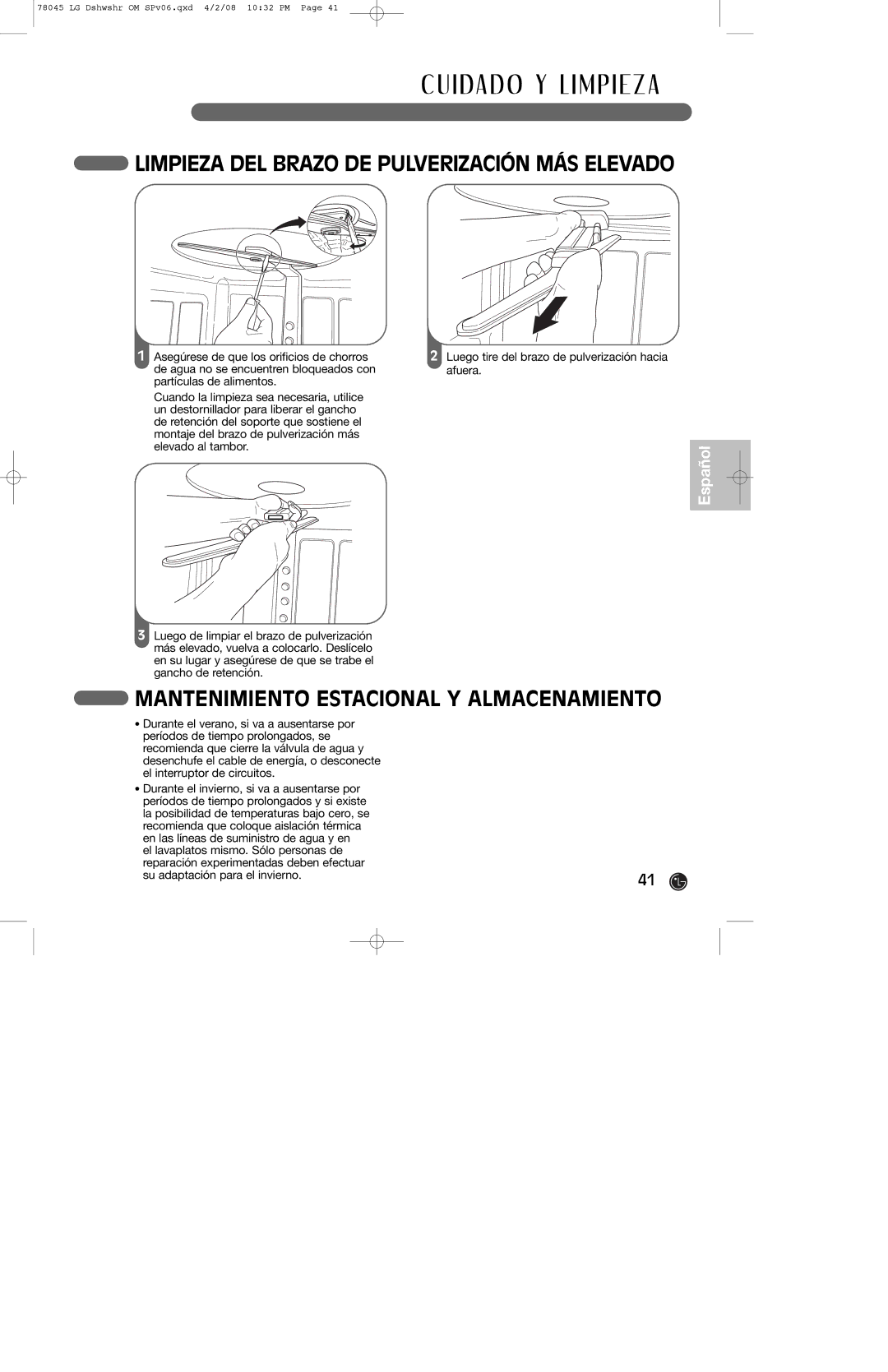 LG Electronics LDF6920ST Limpieza DEL Brazo DE Pulverización MÁS Elevado, Mantenimiento Estacional Y Almacenamiento 