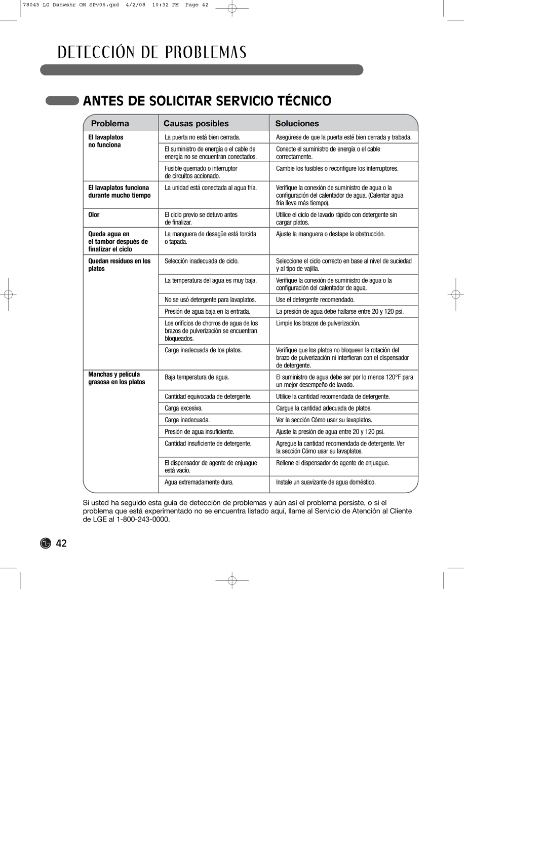 LG Electronics LDF6920WW, LDF6920BB, LDF6920ST owner manual Detección DE PRO B L E M a S, Antes DE Solicitar Servicio Técnico 