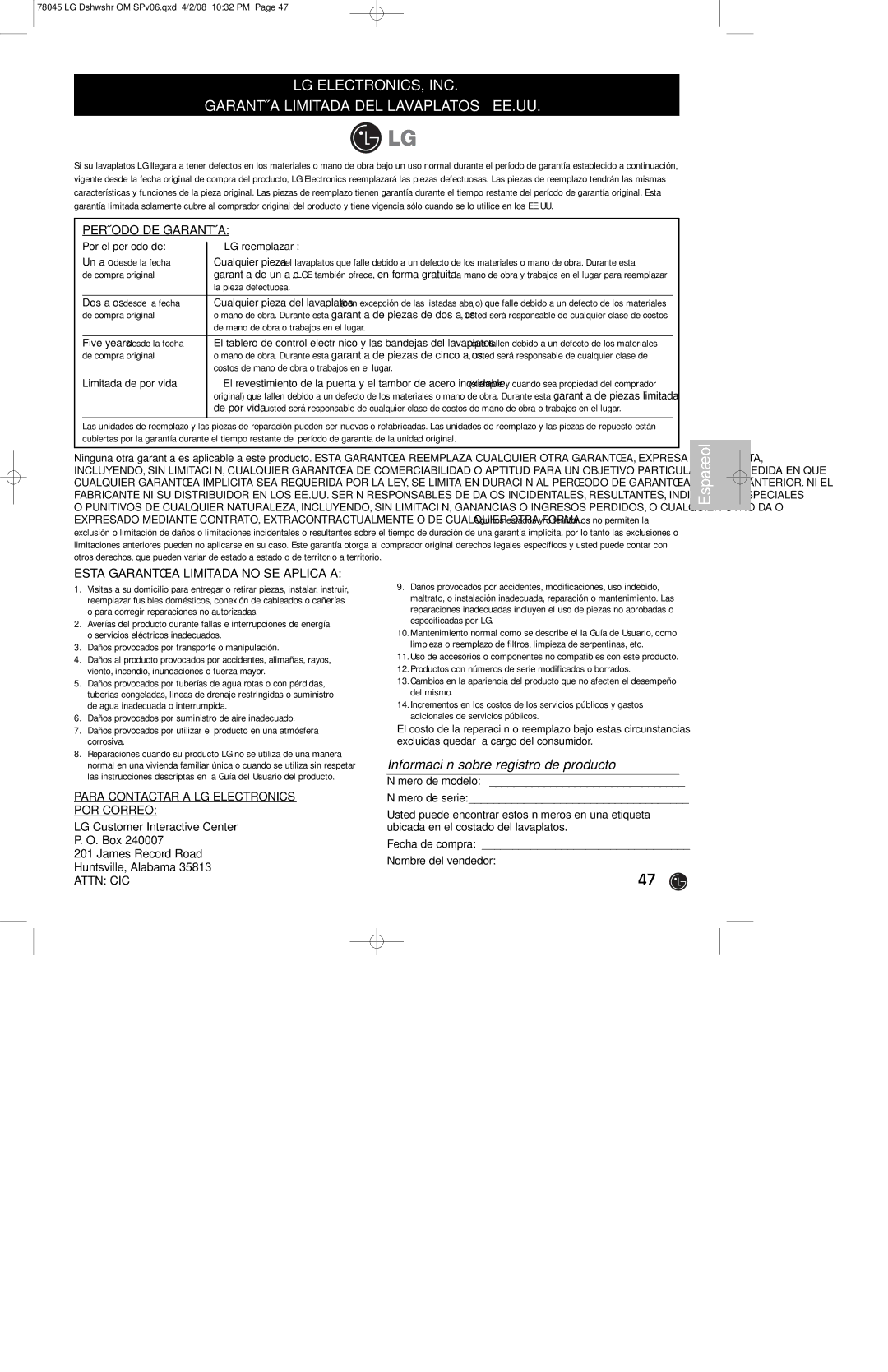 LG Electronics LDF6920ST, LDF6920WW, LDF6920BB owner manual Por el período de LG reemplazará, Limitada de por vida 