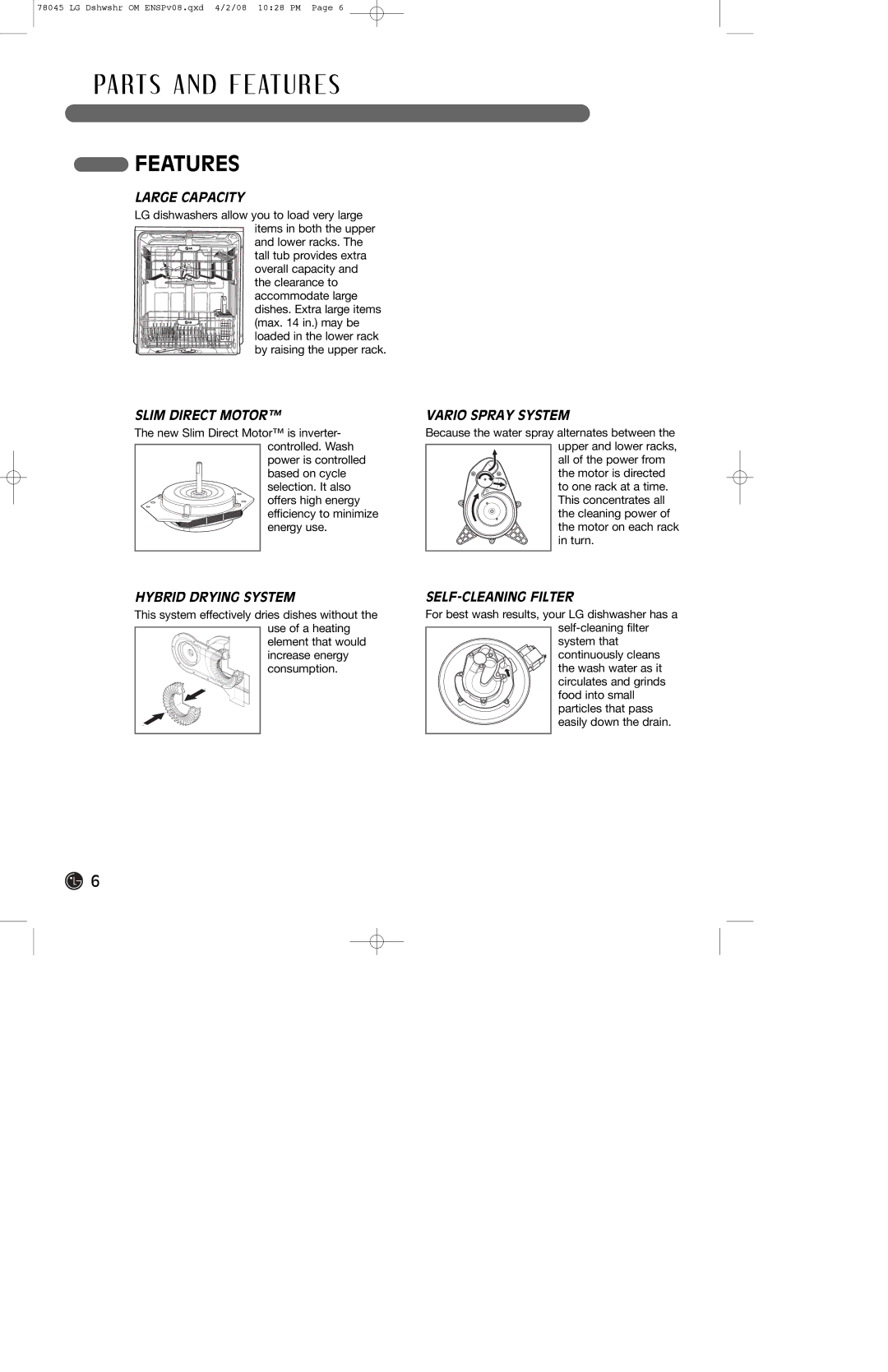 LG Electronics LDF6920WW, LDF6920BB, LDF6920ST owner manual Features 