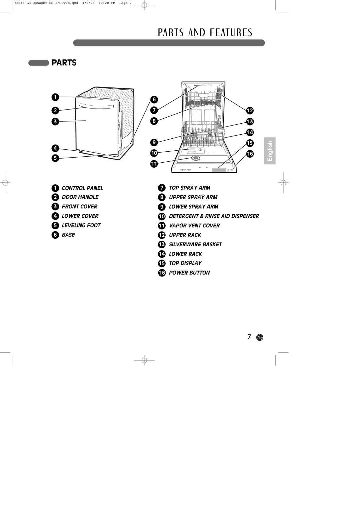 LG Electronics LDF6920BB, LDF6920WW, LDF6920ST owner manual PA RT S a N D F E AT U R E S, Parts 